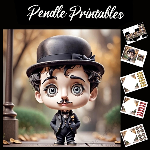 Cute Charlie Chaplin 7x7 Card Kit. Matching Box, Gift Bauble,Tag