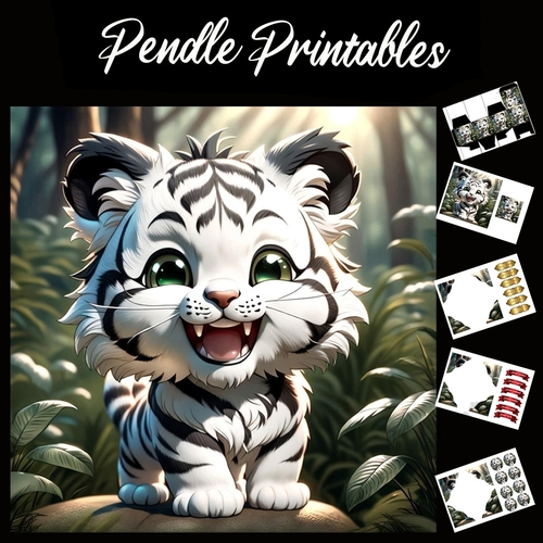 Happy Cute Smiling White Tiger Cub 7x7 Card Kit. Matching Box, Gift Bauble,Tag