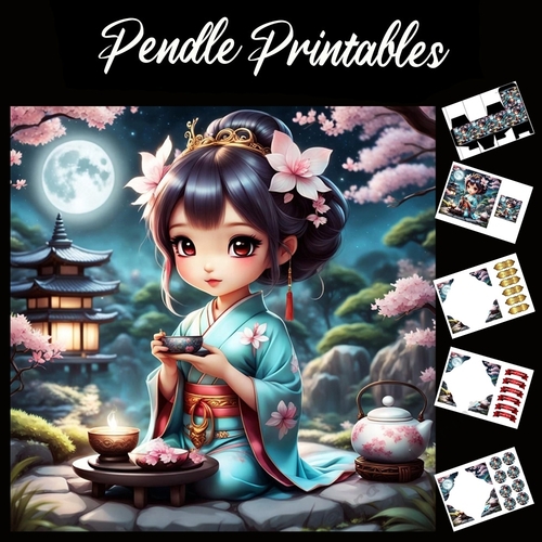 Cute Japanese Girl 7x7 Card Kit. Matching Box, Gift Bauble,Tag