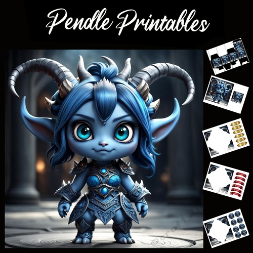 Cute Little Blue Devil Girl 7x7 Card Kit. Matching Box, Gift Bauble,Tag