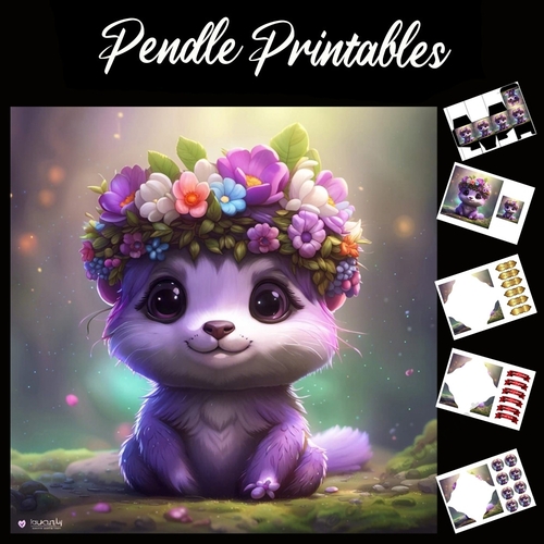 Cute Purple Creature 7x7 Card Kit. Matching Box, Gift Bauble,Tag