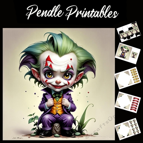 Evil Jester (2) 7x7 Card Kit. Matching Box, Gift Bauble,Tag