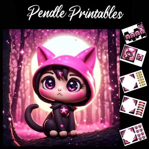 Anime Style Cute Girl Cat 7x7 Card Kit. Matching Box, Gift Bauble,Tag