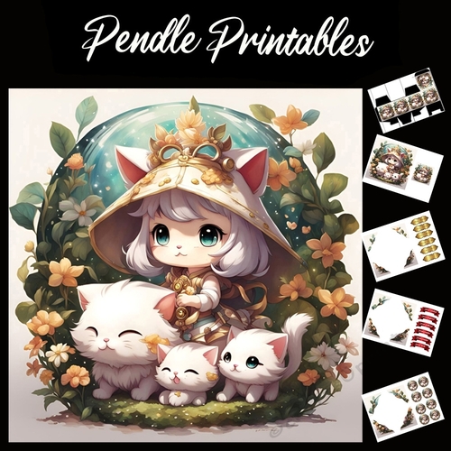 Anime Cat Girl 7x7 Card Kit. Matching Box, Gift Bauble,Tag