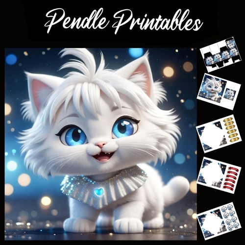 Cute White Space Cat 7x7 Card Kit. Matching Box, Gift Bauble,Tag