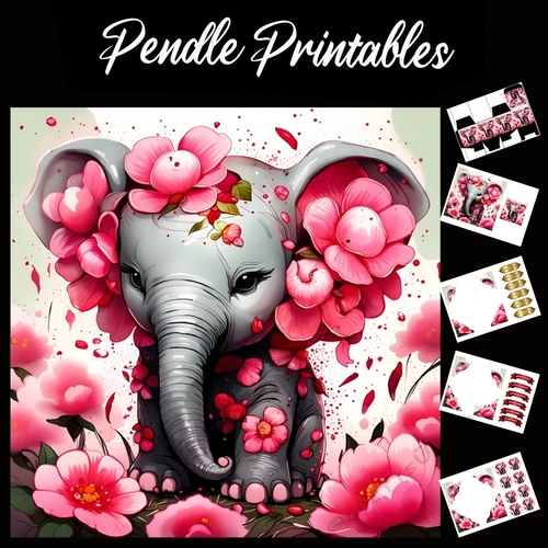 Flower Elephant 7x7 Card Kit. Matching Box, Gift Bauble,Tag