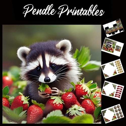 Strawberry Delight Raccoon 7x7 Card Kit. Matching Box, Gift Bauble,Tag
