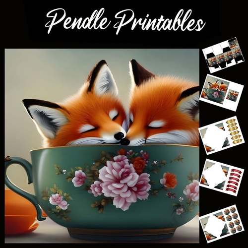 Teatime Foxes 7x7 Card Kit. Matching Box, Gift Bauble,Tag