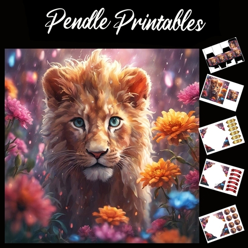 Flower Lion 7x7 Card Kit. Matching Box, Gift Bauble,Tag