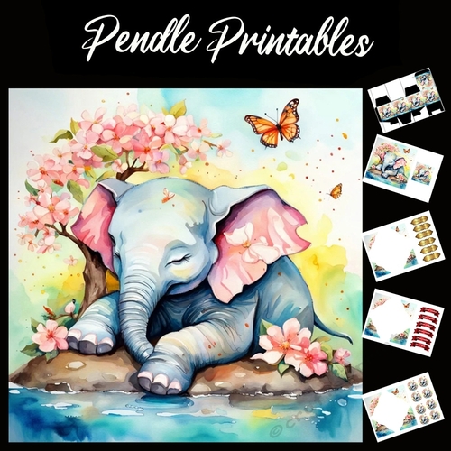 Betty Blossom Elephant 7x7 Card Kit. Matching Box, Gift Bauble,Tag