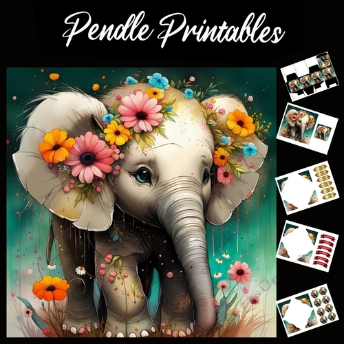 Betty Bloomer Elephant 7x7 Card Kit. Matching Box, Gift Bauble,Tag