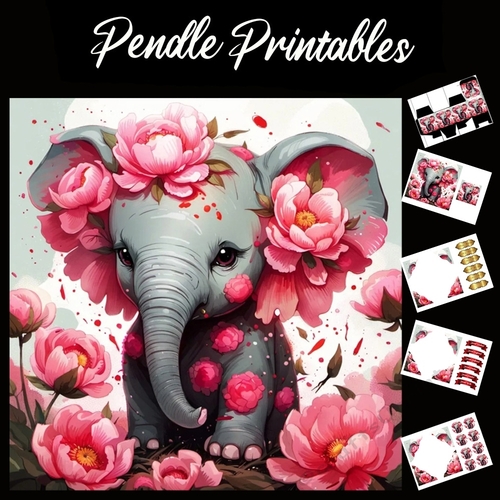 Rose Red Elephant 7x7 Card Kit. Matching Box, Gift Bauble,Tag