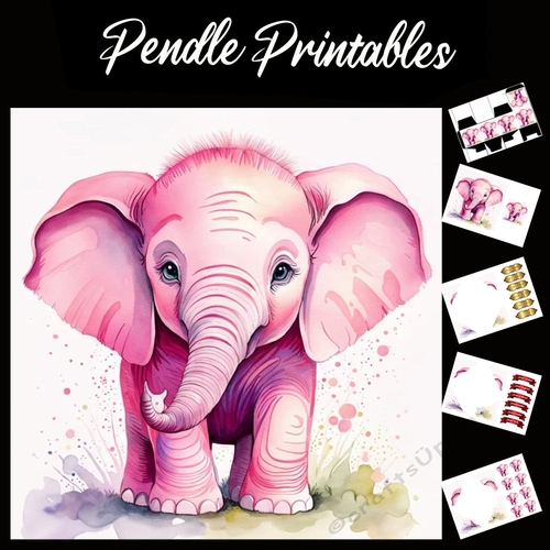 Pretty In Pink Elephant 7x7 Card Kit. Matching Box, Gift Bauble,Tag