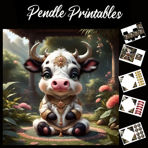 Meditating Bull 7x7 Card Kit. Matching Box, Gift Bauble,Tag