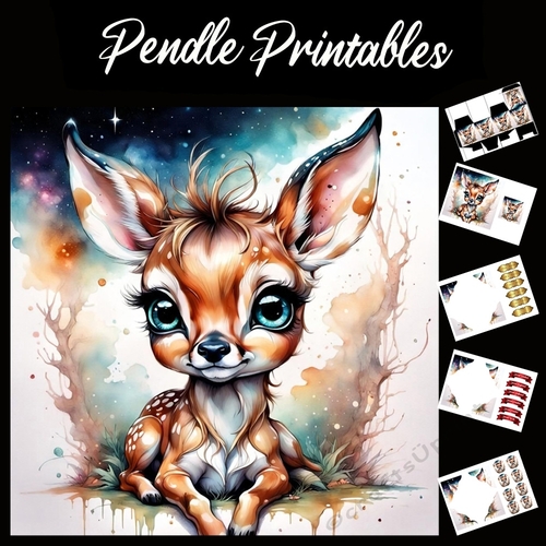 Cute Painted Fawn 7x7 Card Kit. Matching Box, Gift Bauble,Tag