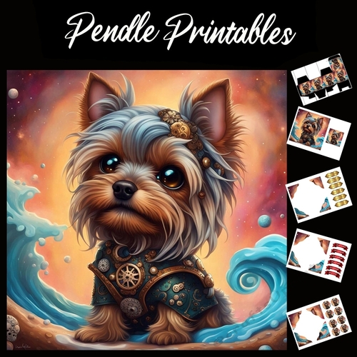 Cute Steampunk Yorkie 7x7 Card Kit. Matching Box, Gift Bauble,Tag