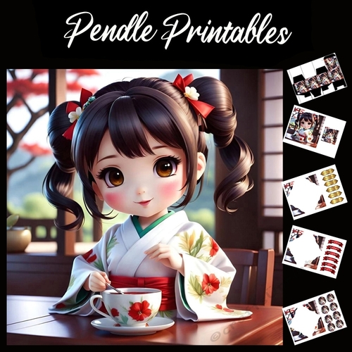Cute Japanese Girl 7x7 Card Kit. Matching Box, Gift Bauble,Tag