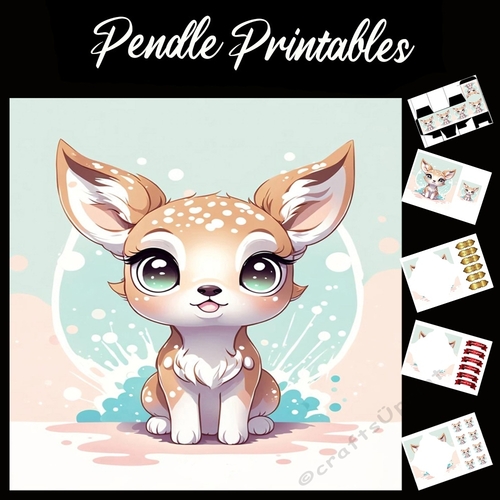 Cute Anime Style Fawn 7x7 Card Kit. Matching Box, Gift Bauble,Tag