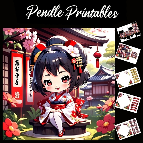 Cute Anime Girl 7x7 Card Kit. Matching Box, Gift Bauble,Tag