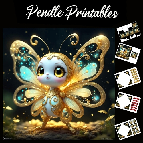 Golden Butterfly 7x7 Card Kit. Matching Box, Gift Bauble,Tag