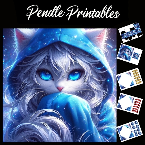 Mystical Cat Girl 7x7 Card Kit. Matching Box, Gift Bauble,Tag