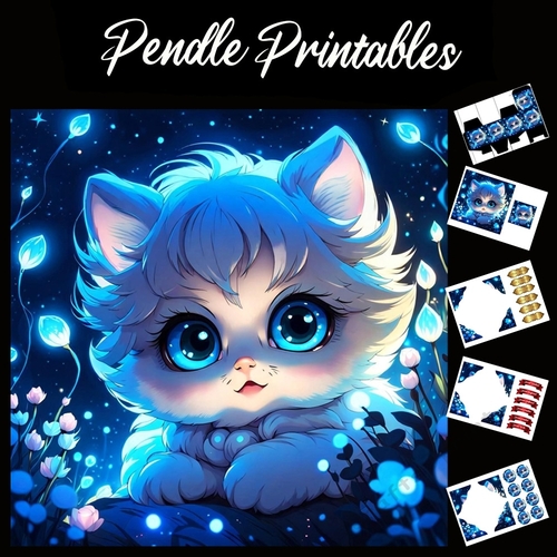 Bright Blue Kitty 7x7 Card Kit. Matching Box, Gift Bauble,Tag