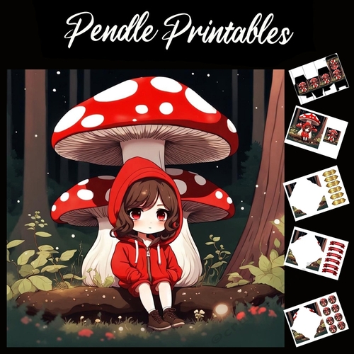 Anime Mushroom Girl 7x7 Card Kit. Matching Box, Gift Bauble,Tag