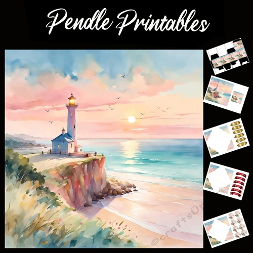 Beautiful Lighthouse Scene (1) 7x7 Card Kit. Matching Box, Gift Bauble,Tag