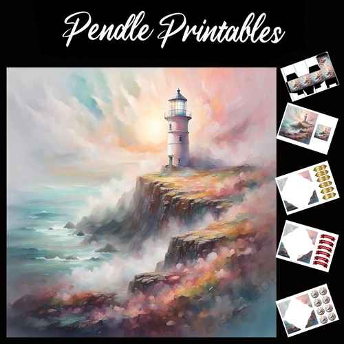 Beautiful Lighthouse Scene (2) 7x7 Card Kit. Matching Box, Gift Bauble,Tag