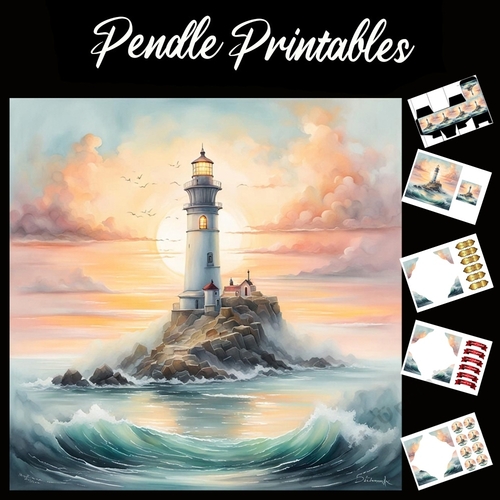 Beautiful Lighthouse Scene (3) 7x7 Card Kit. Matching Box, Gift Bauble,Tag