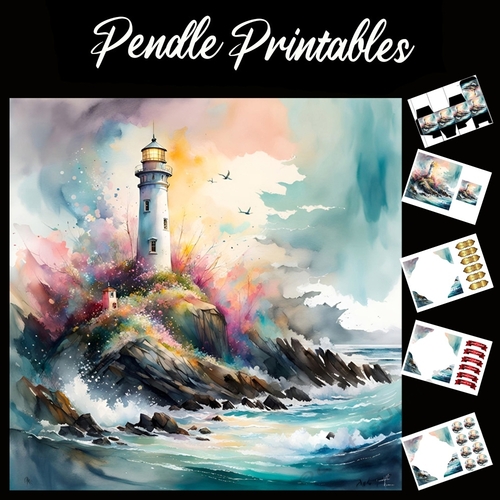 Beautiful Lighthouse Scene (4) 7x7 Card Kit. Matching Box, Gift Bauble,Tag