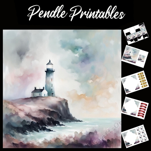 Beautiful Lighthouse Scene (5) 7x7 Card Kit. Matching Box, Gift Bauble,Tag