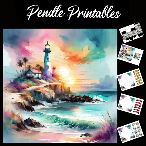 Beautiful Lighthouse Scene (6) 7x7 Card Kit. Matching Box, Gift Bauble,Tag