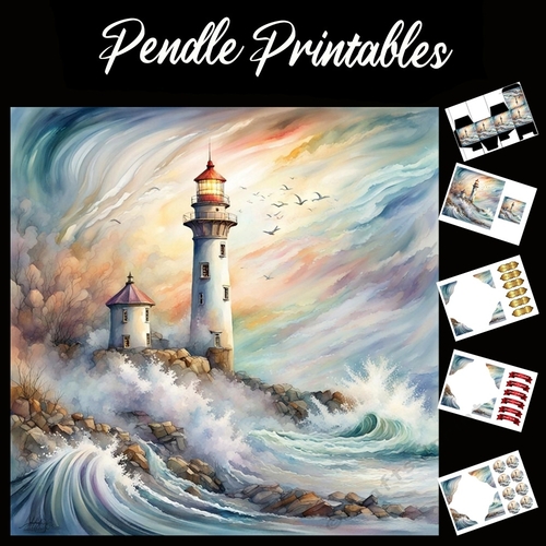 Beautiful Lighthouse Scene (8) 7x7 Card Kit. Matching Box, Gift Bauble,Tag