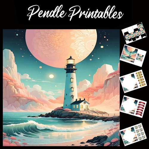 Flower Moon Pastel Lighthouse  7x7 Card Kit. Matching Box, Gift Bauble,Tag