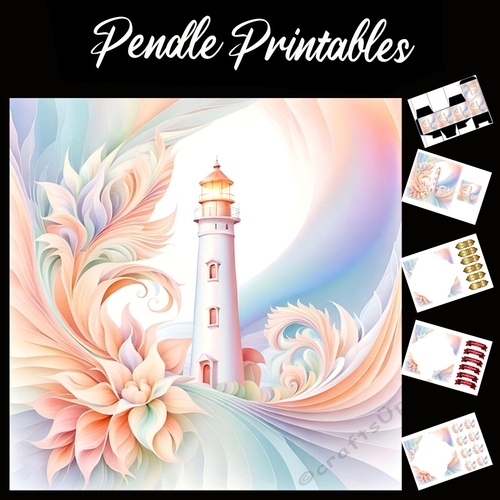 Pastel Lighthouse Set In Waves & Flowers 7x7 Card Kit. Matching Box, Gift Bauble,Tag