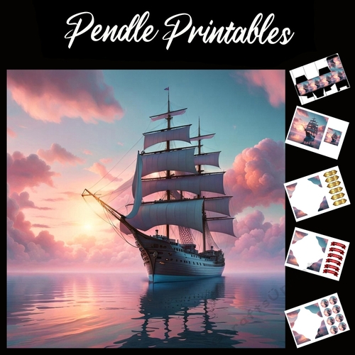 Beautiful Sunset Galleon Ship 7x7 Card Kit. Matching Box, Gift Bauble,Tag