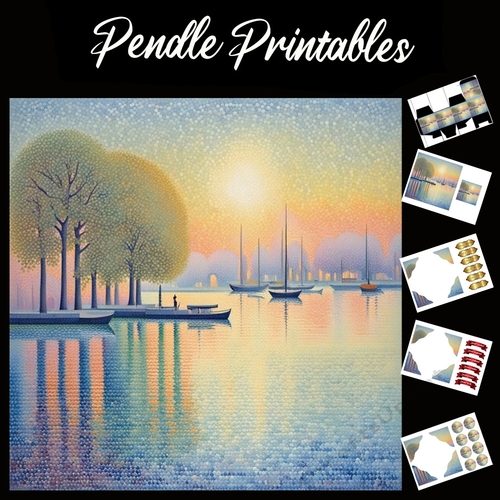 Pointillism Style Lake Scene 7x7 Card Kit. Matching Box, Gift Bauble,Tag