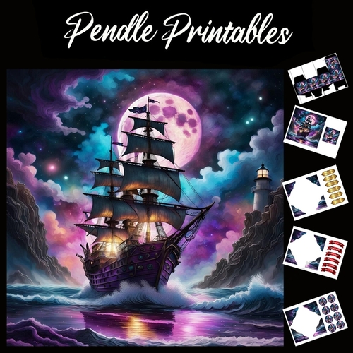 Vibrant Galleon Sailing Ship In A Cove 7x7 Card Kit. Matching Box, Gift Bauble,Tag