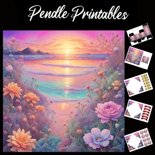 Flowers & The Sea 7x7 Card Kit. Matching Box, Gift Bauble,Tag