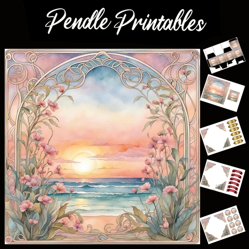 Art Deco Style Beach Scene 7x7 Card Kit. Matching Box, Gift Bauble,Tag