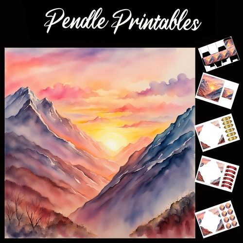 Sunset Mountains 7x7 Card Kit. Matching Box, Gift Bauble,Tag