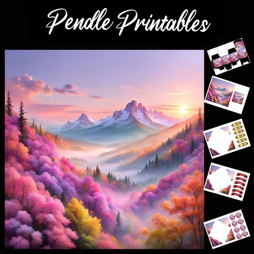 Mountains Purple Sunset 7x7 Card Kit. Matching Box, Gift Bauble,Tag