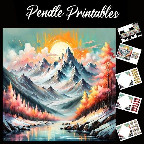 Fiery Sun Mountains 7x7 Card Kit. Matching Box, Gift Bauble,Tag