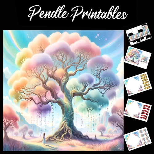 Rainbow Gem Tree 7x7 Card Kit. Matching Box, Gift Bauble,Tag