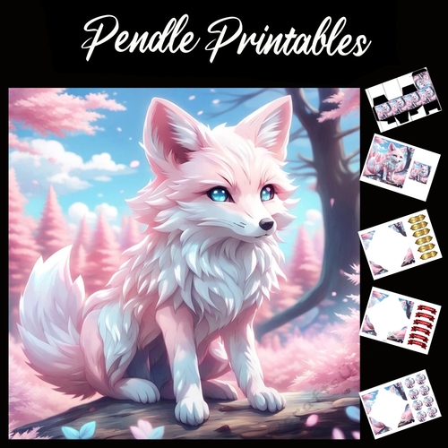 Anime Style Cute Pink Fox 7x7 Card Kit. Matching Box, Gift Bauble,Tag