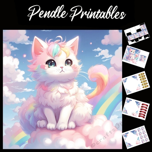 Anime Style Cute Pink Cat 7x7 Card Kit. Matching Box, Gift Bauble,Tag