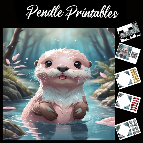 Anime Style Cute Pink Otter 7x7 Card Kit. Matching Box, Gift Bauble,Tag