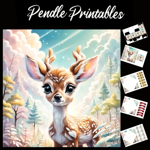 Anime Style Cute Deer 7x7 Card Kit. Matching Box, Gift Bauble,Tag