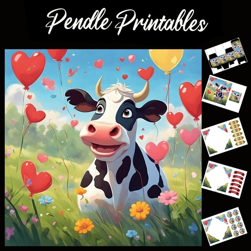 Cute Cow With Love Hearts Balloons 7x7 Card Kit. Matching Box, Gift Bauble,Tag